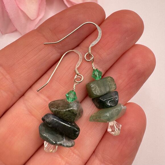 Green Gemstone Nugget Silver Bohemian Dangle Earrings Shades Of Green Tested - Picture 2 of 6